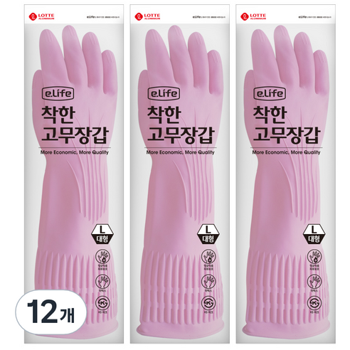 롯데이라이프 착한 고무장갑 대, 핑크, 대(L), 12개