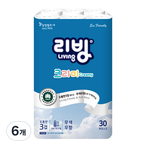 리빙티슈 3겹 크리미 롤화장지 25m, 30롤, 6개