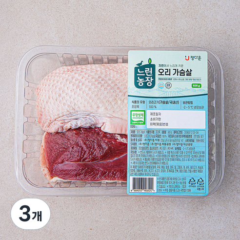 느린농장 무항생제 인증 오리 가슴살 (냉장), 600g, 3개