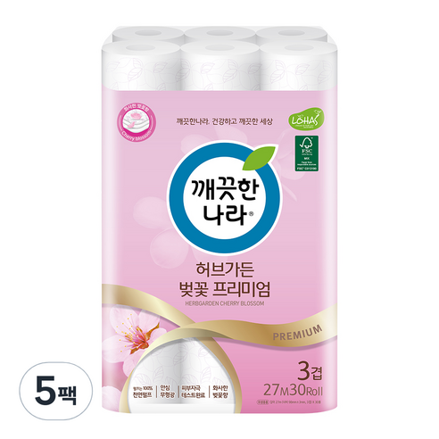 깨끗한나라 3겹 데코 허브가든 벚꽃 프리미엄 펄프 롤화장지 27m, 30개입, 5개