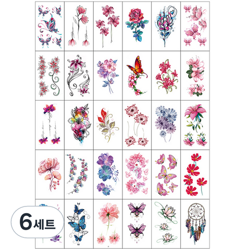 문신 헤나 레터링 타투 스티커 보태니컬 가든 플라워 30종 세트, 혼합색상, 6세트