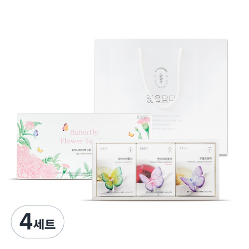 꽃을담다 나비 티백 꽃차 3종 x 3p + 핑크 박스 +쇼핑백 선물 세트, 꽃차 3종 + 박스 + 쇼핑백, 4세트