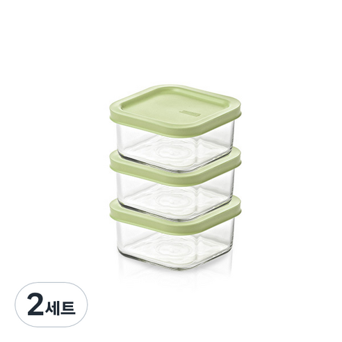 글라스락 이지오픈 정사각 밀폐용기 세트 리프그린 490ml, 2세트, 용기 3p