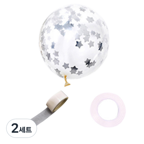 파티쇼 컨페티 꽃가루 풍선 30p + 컬링리본 30m + 테이프 100p 세트, 메탈스타실버(컨페티), 2세트