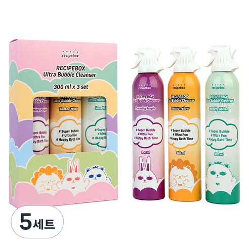 레시피박스 유아용 거품목욕 울트라 버블클렌저 챠밍퍼플 300ml + 바나나옐로우 300ml + 스위티멜론 300ml 세트, 5세트