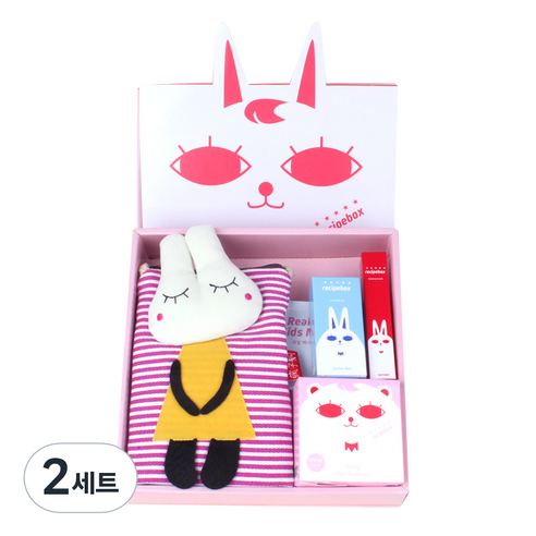 레시피박스 해피박스 어린이 메이크업 5종 세트, 가방(랜덤) + 어린이 마스크팩 2p + 매니큐어 에너제틱 스카이 + 립크레용 + 데일리 썬쿠션, 2세트