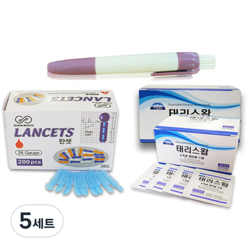 태리 무통 채혈기 + 일회용 수동랜싯 28G 200p + 알콜 스왑 100p, 5세트