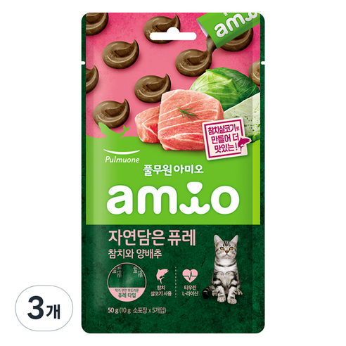풀무원 고양이 전연령용 아미오 자연담은 퓨레 참치와 양배추, 50g, 3개