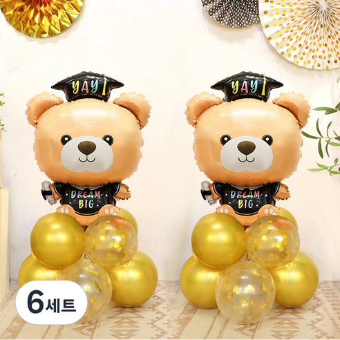 와우파티코리아 졸업 풍선 기둥 DIY 세트, 골드(30cm풍선) + 골드컨페티(30cm풍선) + 졸업학사모 리틀곰돌이(은박풍선), 6세트
