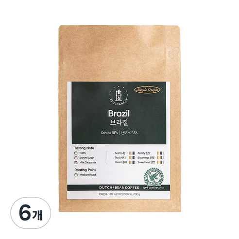 더치앤빈 싱글 오리진 브라질 산토스 RFA 커피 로스팅원두, 200g, 6개, 커피메이커