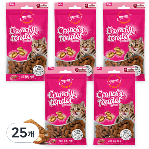 고양이 크런치 앤 텐더 간식, 혼합(연어/우유), 65g, 25개