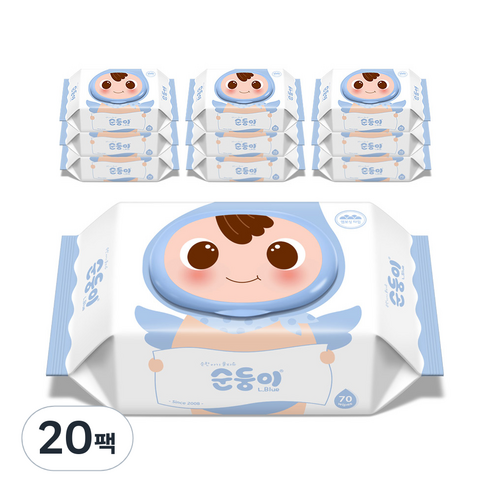 순둥이 오리지널 플러스 엘블루 아기물티슈 캡형 75평량, 70매, 20팩