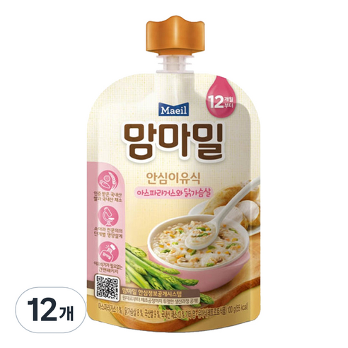 맘마밀 안심 이유식 12개월부터 100g, 아스파라거스와 닭가..., 100g, 12개 아스파라거스와 닭가슴살 × 100g × 12개 섬네일