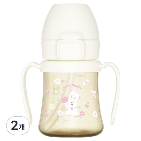 그로미미 유아용 노티드 PPSU 크림버니 스틸프리 빨대컵 1단계 200ml, 2개, 밀크
