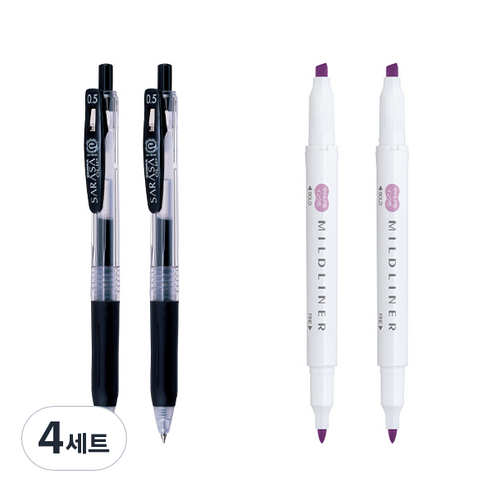 제브라 마일드라이너 마카 2p + 사라사 클립 볼펜 0.5mm 2p 세트, 마젠타(마일드라이너), 검정(볼펜), 4세트