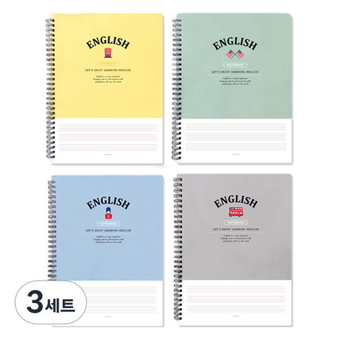 미소로 3000 영어 스프링 노트 2403 4종 세트, 옐로우, 민트, 블루, 그레이, 3세트