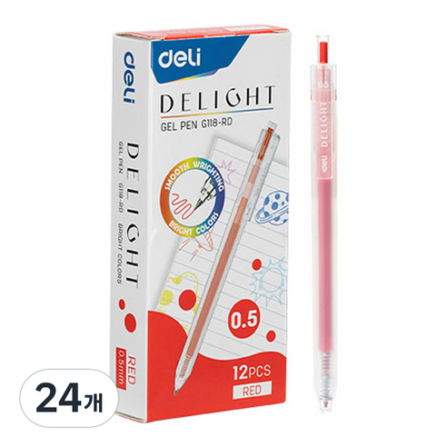 델리 델라이트 퀵드라이 노크식 젤잉크펜 0.5mm EQ118, 레드, 24개