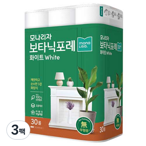 모나리자 보타닉포레 화이트 펄프 3겹 롤화장지 27m, 30롤, 3팩
