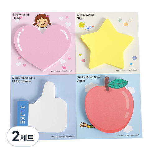 슈퍼쌤 모양 4종 점착메모지, 핑크하트 + 형광별 + 좋아요엄지척 + 사과, 2세트