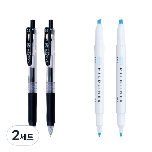 제브라 마일드라이너 마카 2p + 사라사 클립 볼펜 0.5mm 2p 세트, 블루(마일드라이너), 검정(볼펜), 2세트
