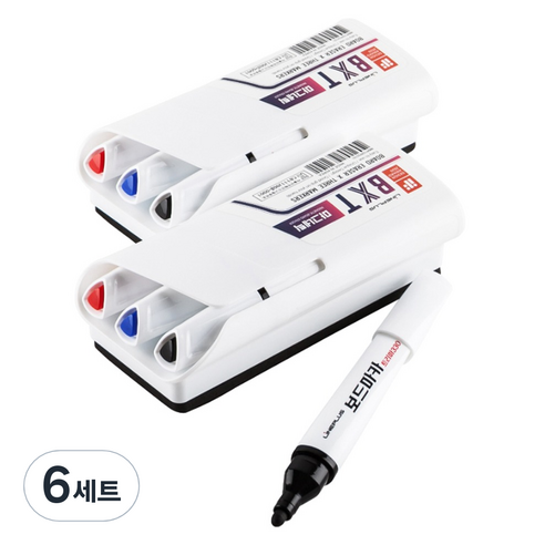 라인플러스 BXT 마그네틱 보드마카 3종 + 화이트보드 지우개, 흑색, 청색, 적색, 6세트