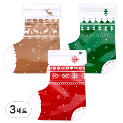 인디케이 크리스마스 눈꽃 산타양말 지퍼백 3종 x 15p 세트, 혼합색상, 3세트