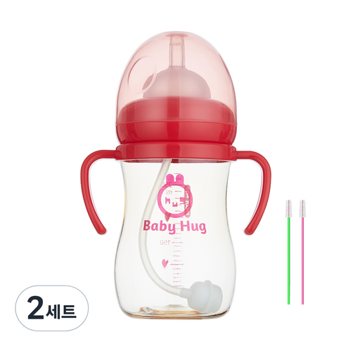 하이비 베이비 허그 빨대컵 + 빨대솔 2p 세트, 레드, 2세트