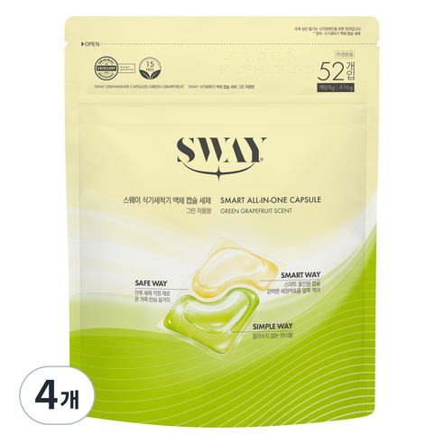 스웨이 식기세척기세제 액체캡슐 그린자몽향 52p, 4개, 416g
