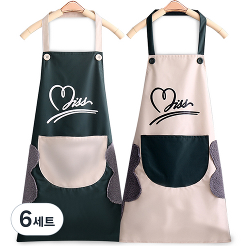 금깨비 하트 핸드타월 방수 앞치마, 다크그린, 아이보리, 6세트