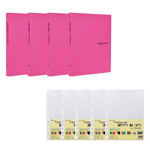 에코청운 에코 클리어파일 A4 20매 x 4p + 리필 속지 0.8mm 100매 세트, 핑크, 1세트