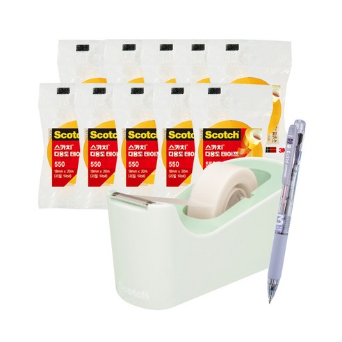 쓰리엠 스카치 탁상용 테이프 디스펜서 C18 + 다용도 테이프 리필 550 12mm x 20m 5p + 18mm x 20m 5p + 모나미 플립 3색 볼펜 0.5mm 세트, 민트(디스펜서), Lavender(볼펜), 1세트