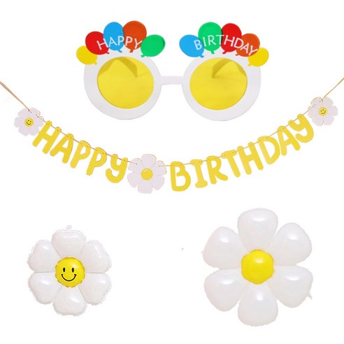 JOYPARTY 데이지생일가랜드 + 풍선 소형 + 중형 + 생일풍선 안경 세트, 혼합색상, 1세트