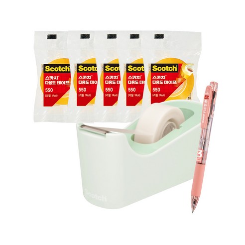 쓰리엠 스카치 탁상용 테이프 디스펜서 C18 + 다용도 테이프 리필 550 12mm x 20m 5p + 모나미 플립 3색 볼펜 0.5mm 세트, 민트(디스펜서), Papaya(볼펜), 1세트