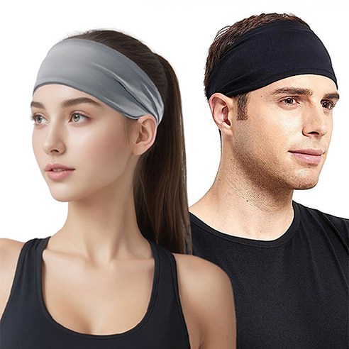 FOBIELLA 러닝 스포츠 헤어밴드 2종 세트, 블랙, 그레이, 1세트