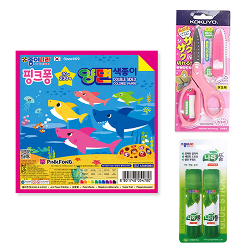 종이나라 핑크퐁 아기상어 양면 색종이 200매 + 고쿠요 SAXA 플라이 캡 가위 핑크 + 나라풀 15g x 2p 세트, 20색, 1세트 - 화방지류 | 쿠팡