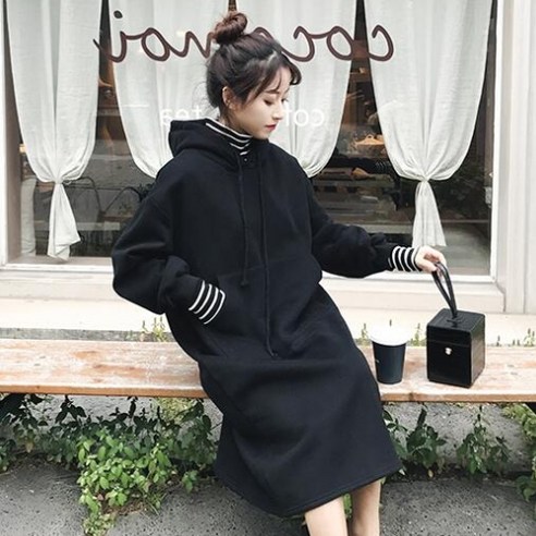 안다로미 데일리 단가라 배색 후드 롱 원피스