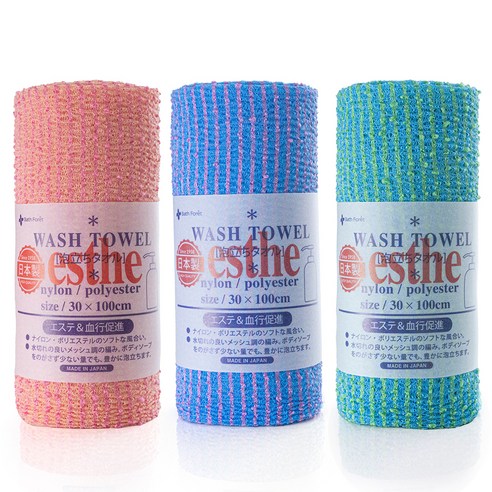 Bath Foret 에스더 일본 샤워타월 3종 세트, 레드 + 블루 + 그린, 1개, 3개입