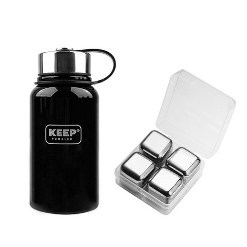 KEEP 스포츠 보틀 스테인레스 보온보냉 텀블러 + 스테인리스 아이스 큐브 세트, 블랙(텀블러), 650ml