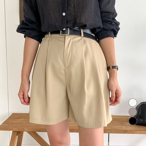 무드인더 여성용 투핀턱 뒷밴딩 5부 슬랙스 + 벨트 세트