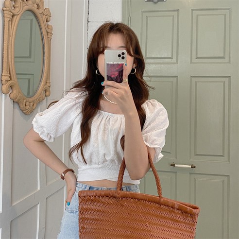 아이엠몽 여성용 디티 퍼프소매 리본 포인트 크롭 블라우스