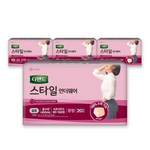 디펜드 여성용 스타일 언더웨어 성인기저귀 라이트핏 슬림, 중형, 20매입, 4개