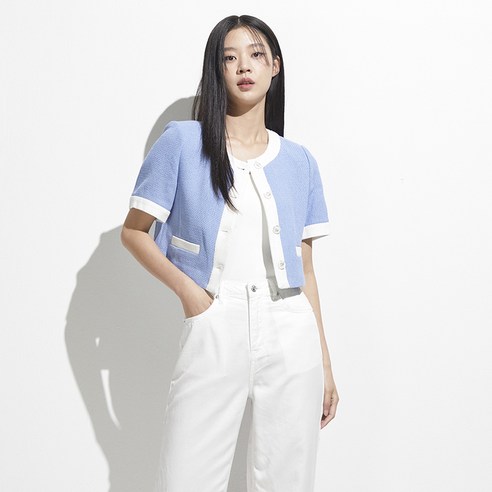 미쏘 여성용 배색 트위드 반팔 자켓