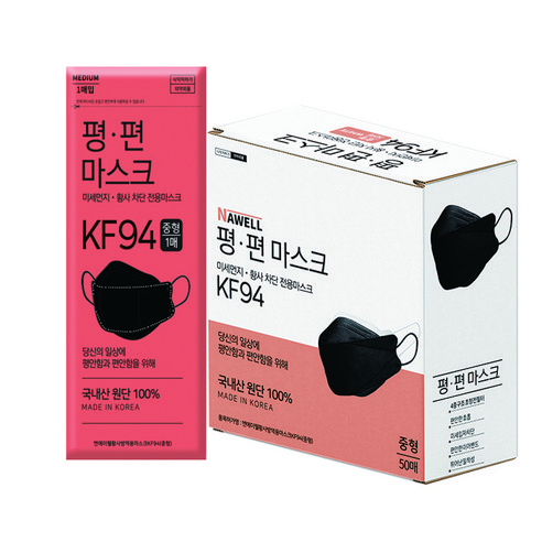 평편 황사 미세먼지 마스크 블랙 중형 KF94, 1개, 50개입