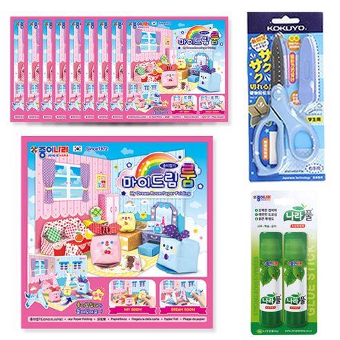 종이나라 2000 마이드림룸 종이접기 10p + 고쿠요 SAXA 플라이 캡 가위 블루 + 나라풀 15g x 2p 세트, 1세트, 15색