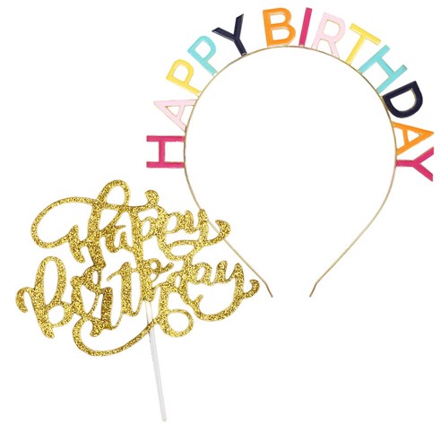 JOYPARTY 메탈릭 생일머리띠 + 글리터 생일토퍼 세트, 레인보우(머리띠), 골드(토퍼), 1세트