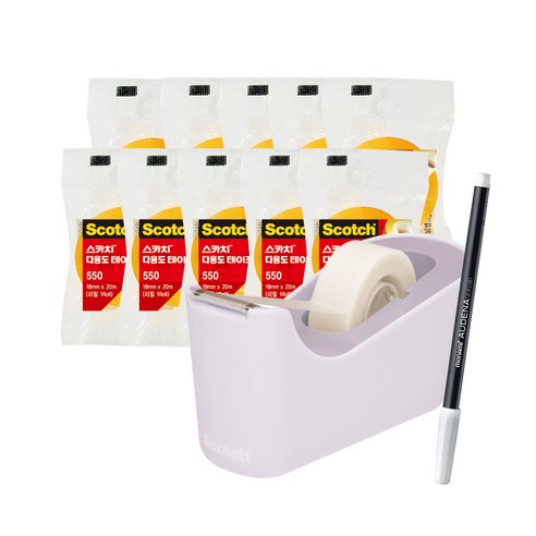 쓰리엠 스카치 탁상용 테이프 디스펜서 C18 + 다용도 테이프 리필 550 12mm x 20m 5p + 18mm x 20m 5p + 모나미 어데나 수성펜 세트, 라벤더(디스펜서), 1세트