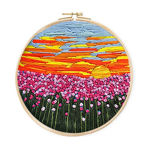 코쿼드 DIY 초보자용 십자수 프랑스자수 패키지 세트 15cm, 1세트, 핑크꽃노을