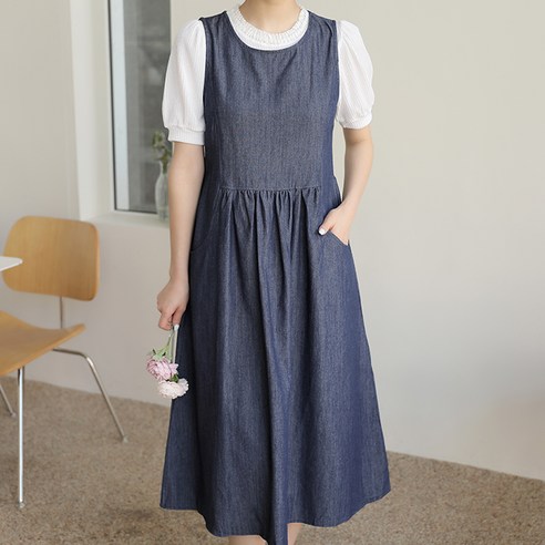 뷔스티에원피스 뷔스티에원피스 [행복여] 플레어 브이넥 셔링 바스락 캉캉 미디 원피스 빼빼 여성용 절개 데님 민소매 뷔스티에 롱 원피스