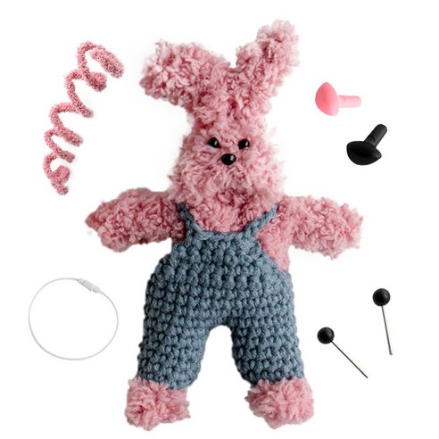 yarna 철사인형 + 핀타입 인형눈 4mm x 2p + 컬러미니삼각코 2종 + 컬러와이어링 모루 뽀글이 토끼 인형 만들기 세트, 1세트, 인디핑크 + 화이트 + 블랙 + 핑크