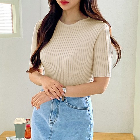 레몬소울 여성용 루아로 슬림 골지 반팔 니트티